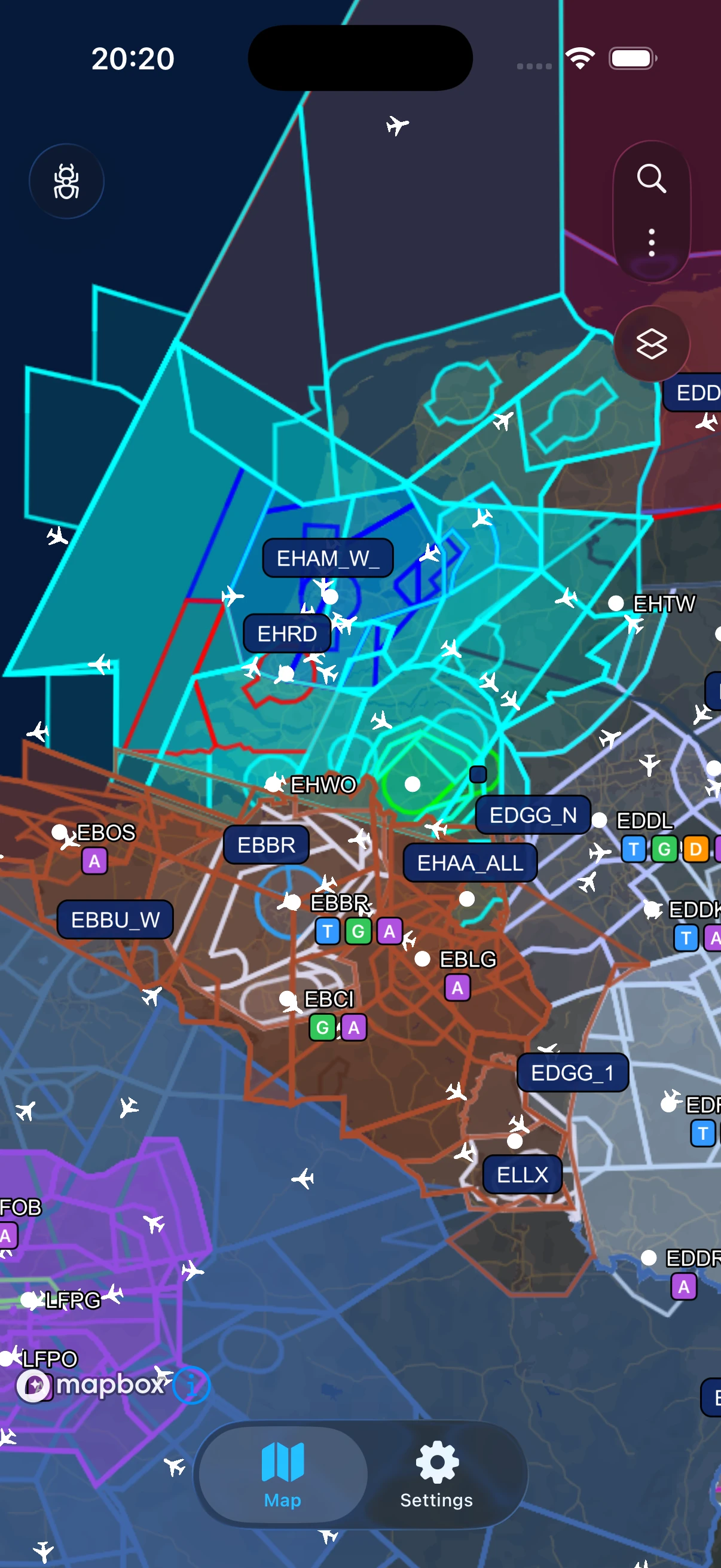 VatSight map showing blended, merged ATC sectors with overlapping colour highlights