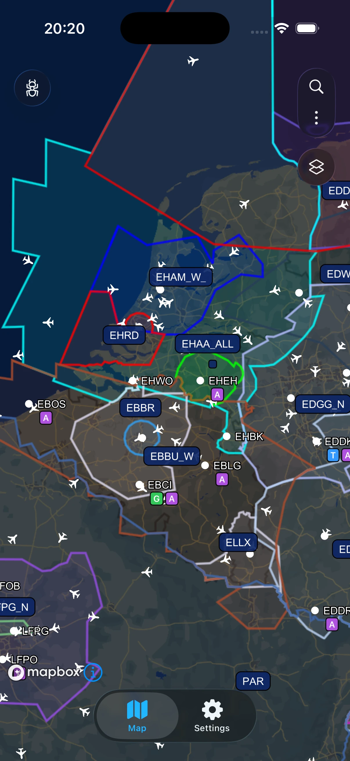 VatSight map showing merged, overlapping ATC sector boundaries over the Netherlands and Belgium