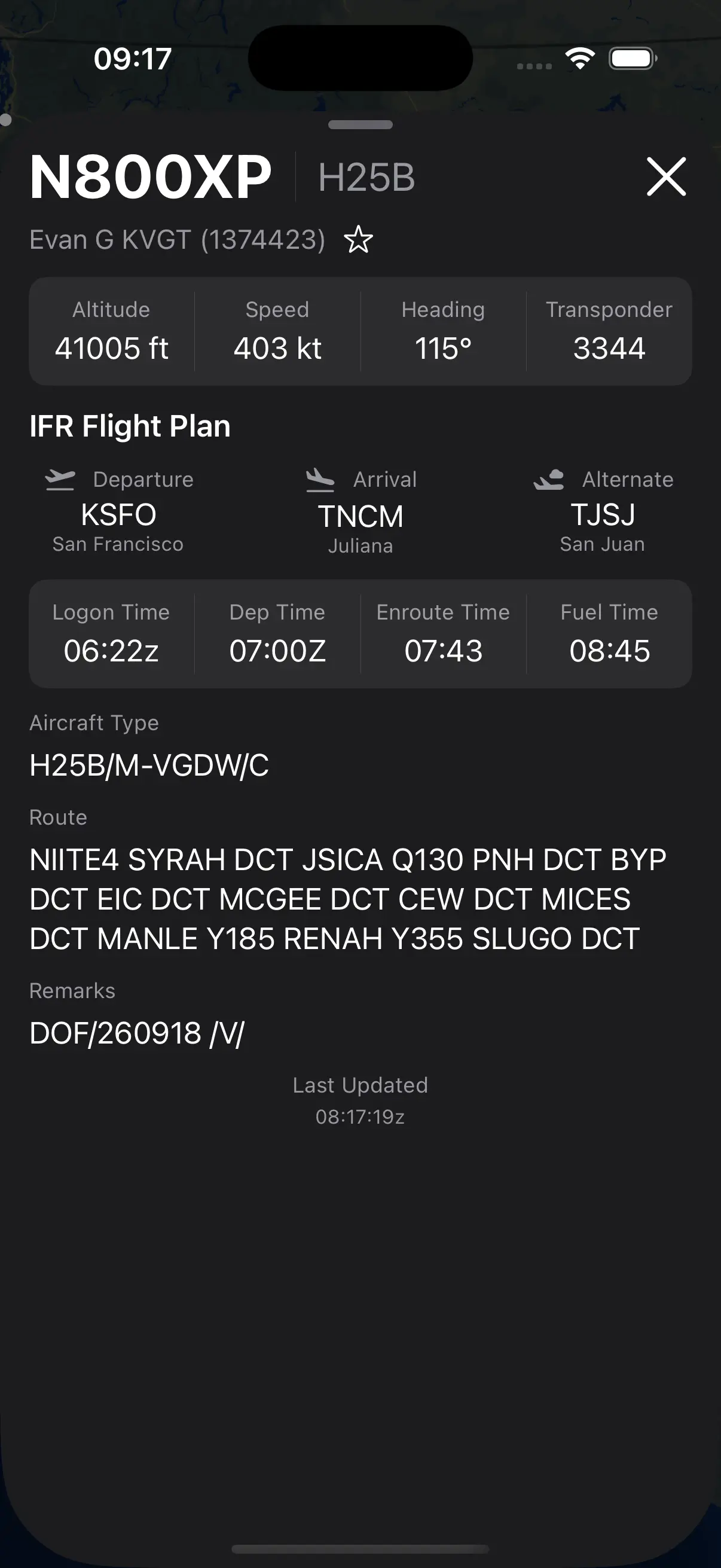VatSight flight detail card for a flight near Frankfurt, showing altitude, speed and filed flight plan