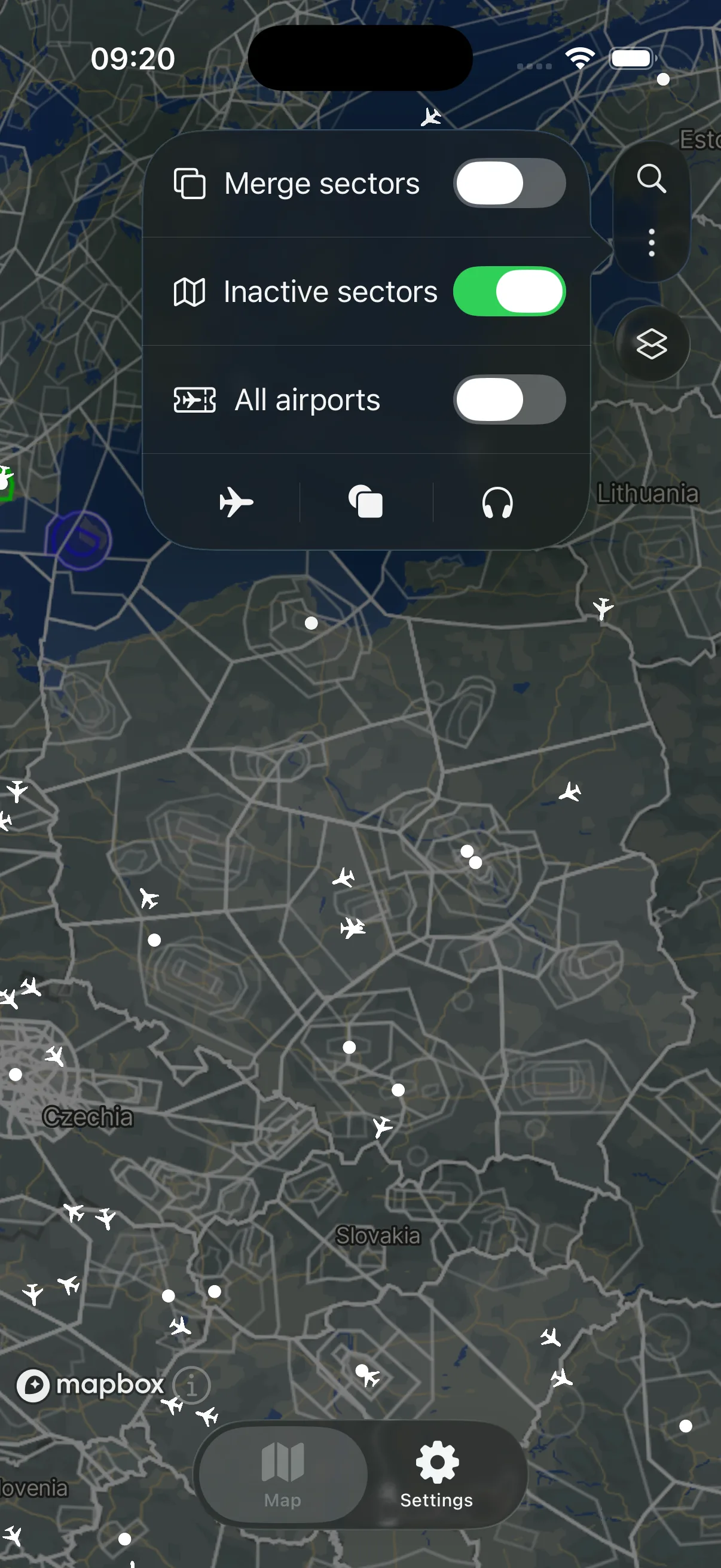 VatSight map settings for merging sectors, showing inactive sectors and toggling all airports