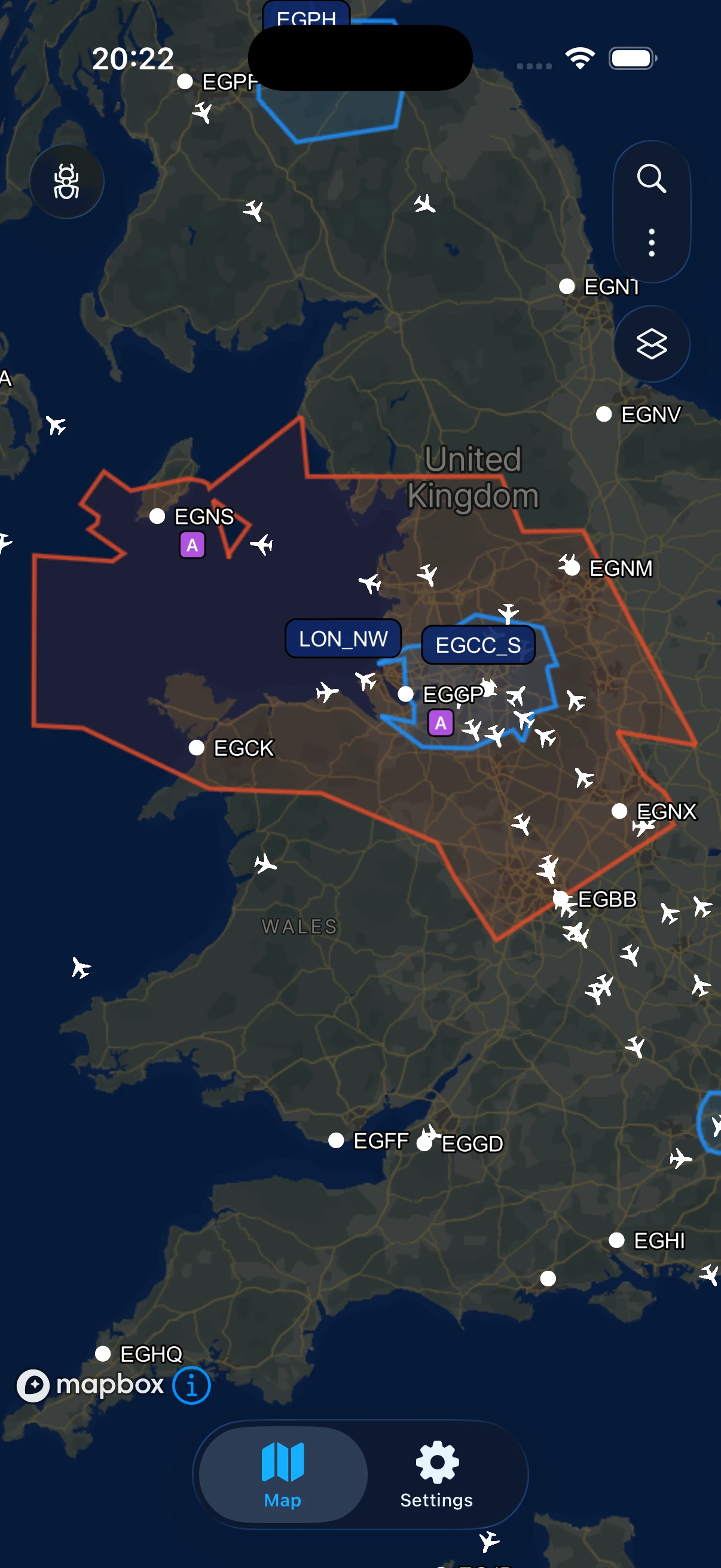 VatSight VATSIM map on iPhone showing live traffic and ATC sector boundaries over the United Kingdom